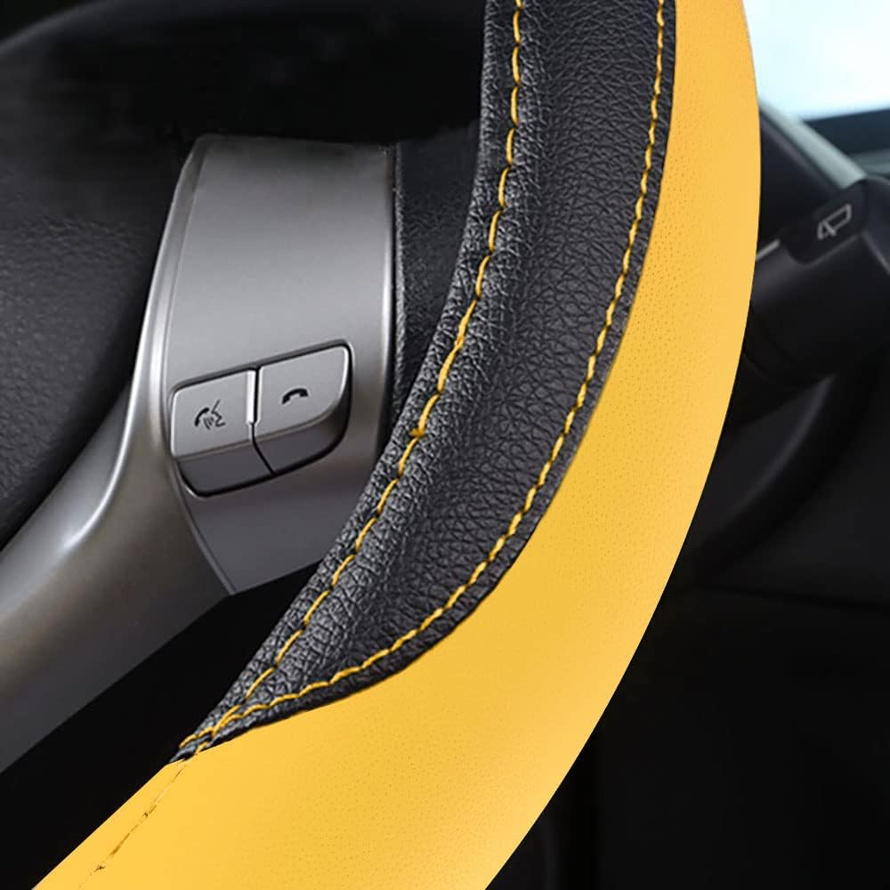 Leather Car Steering Wheel Cover, Non-Slip Car Wheel Cover Protector Breathable Microfiber Leather Universal Fit for Most Cars (Black&Yellow)