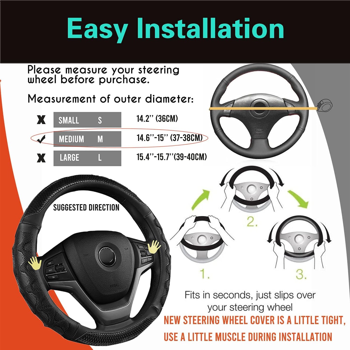 PINCTROT Steering Wheel Cover Great Grip with 3D Honeycomb Anti-Slip Design, Universal 14.5-15 Inch (All Black)