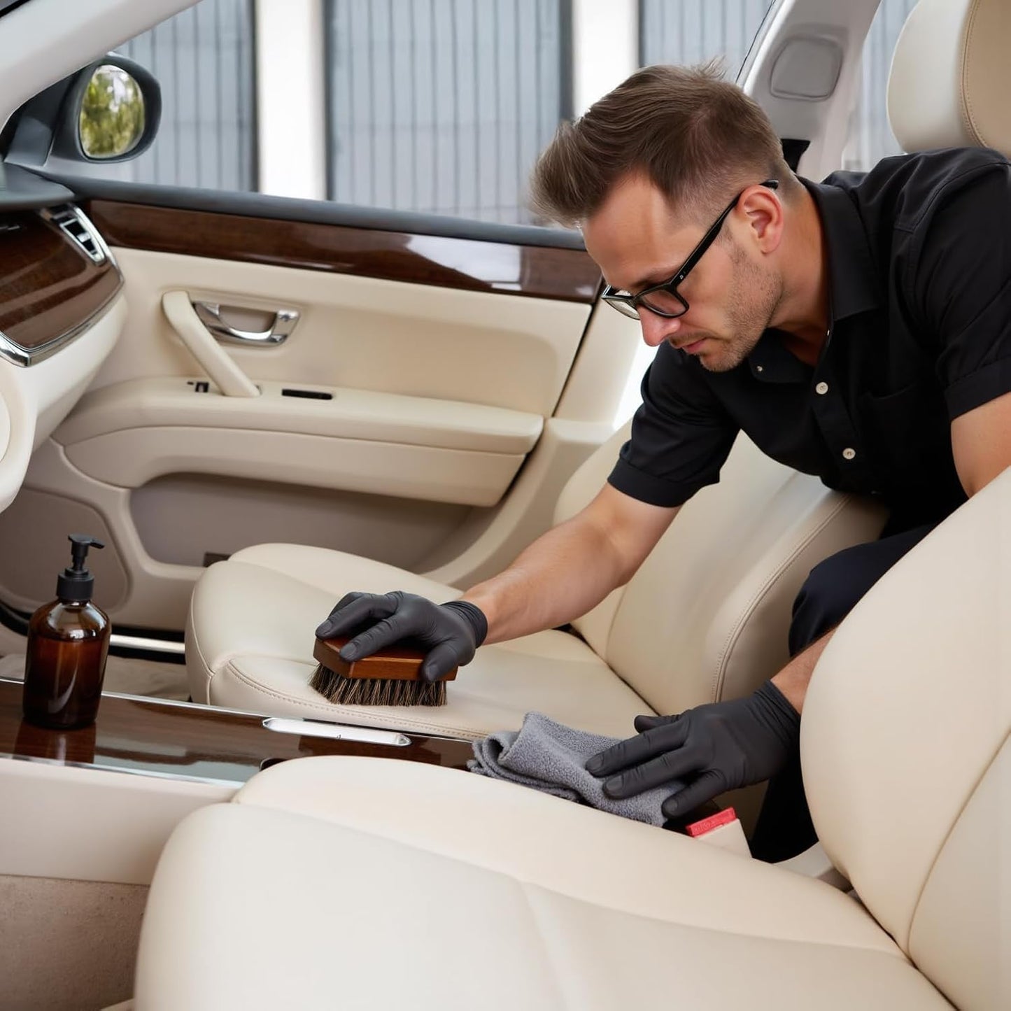 TAKAVU Leather & Upholstery Cleaning Brush Set, 100% Horse Hair Bristle, to Clean Car Seats & Leather Sofas, for Alcantara, Interiors, Furniture, Boots, Shoes, Bags and More