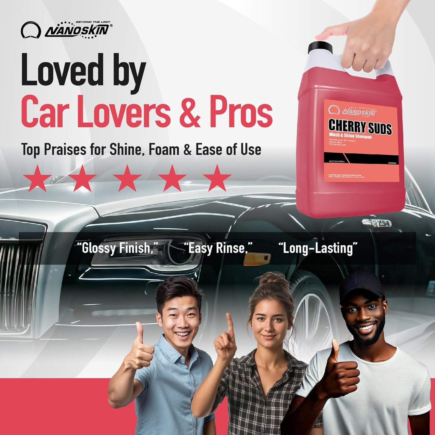 Nanoskin CHERRY SUDS Foaming Car Wash Shampoo 16 Oz. - Works with Foam Cannon, Foam Gun, Bucket Washes, Car Soap for Pressure Washer | Safe for Cars Trucks, Motorcycles, RVs & More | Cherry Scented