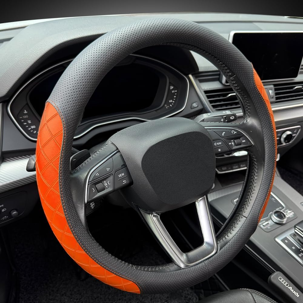 LKWLIKEI Nappa Leather Steering Wheel Cover, Diamond Checkered Design, Non-Slip wear-Resistant, Enhance Driving Comfort, Suitable for Steering Wheel Diameter 14 1/2‘-15’ Models.Black Orange