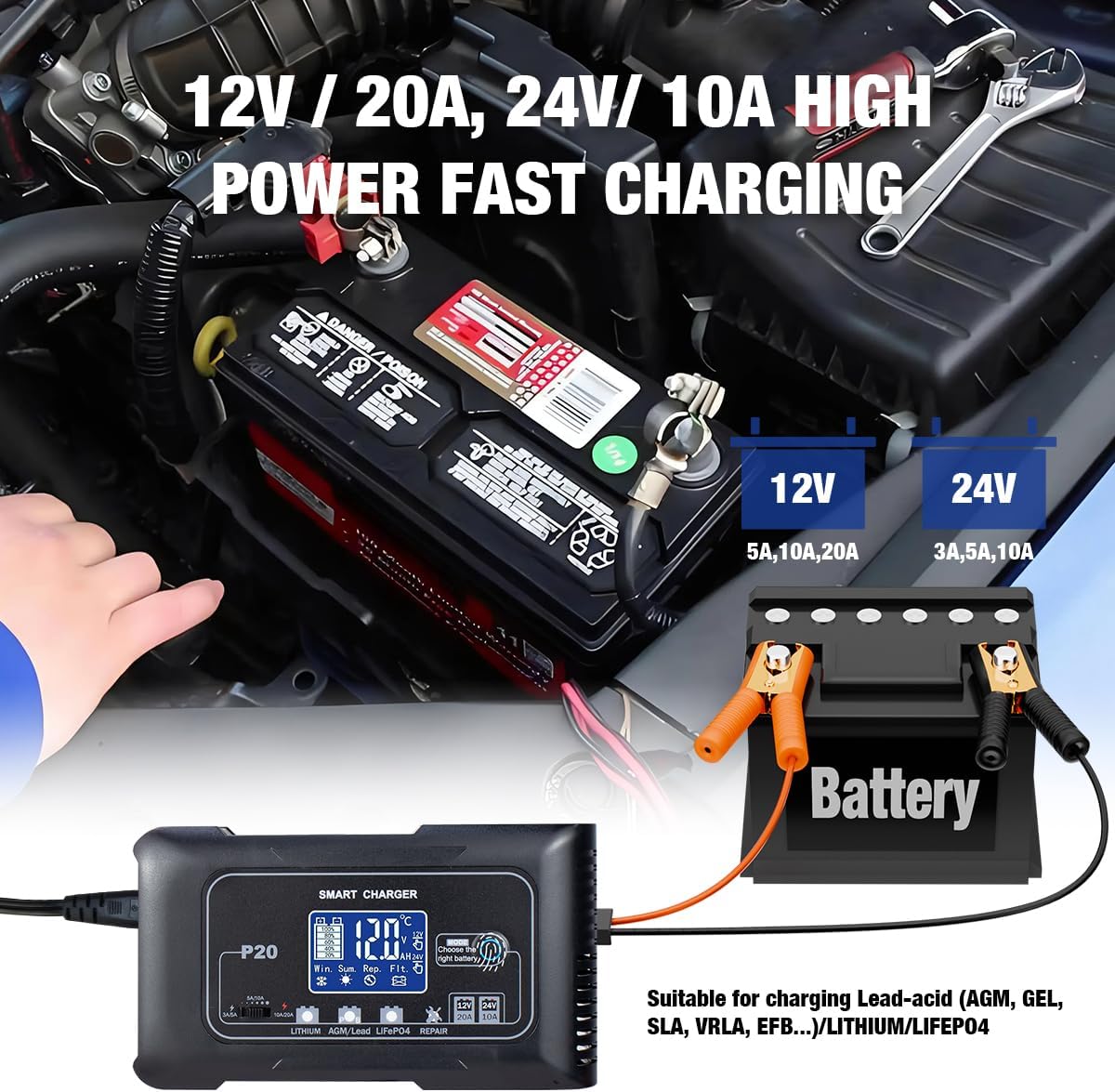 20A Smart Battery Charger 12V/24V, Automatic Charger & Maintainer for Lithium, LiFePO4, and Lead-Acid (AGM/Gel/SLA) Batteries, Trickle Charging for Cars, Boats, Motorcycles