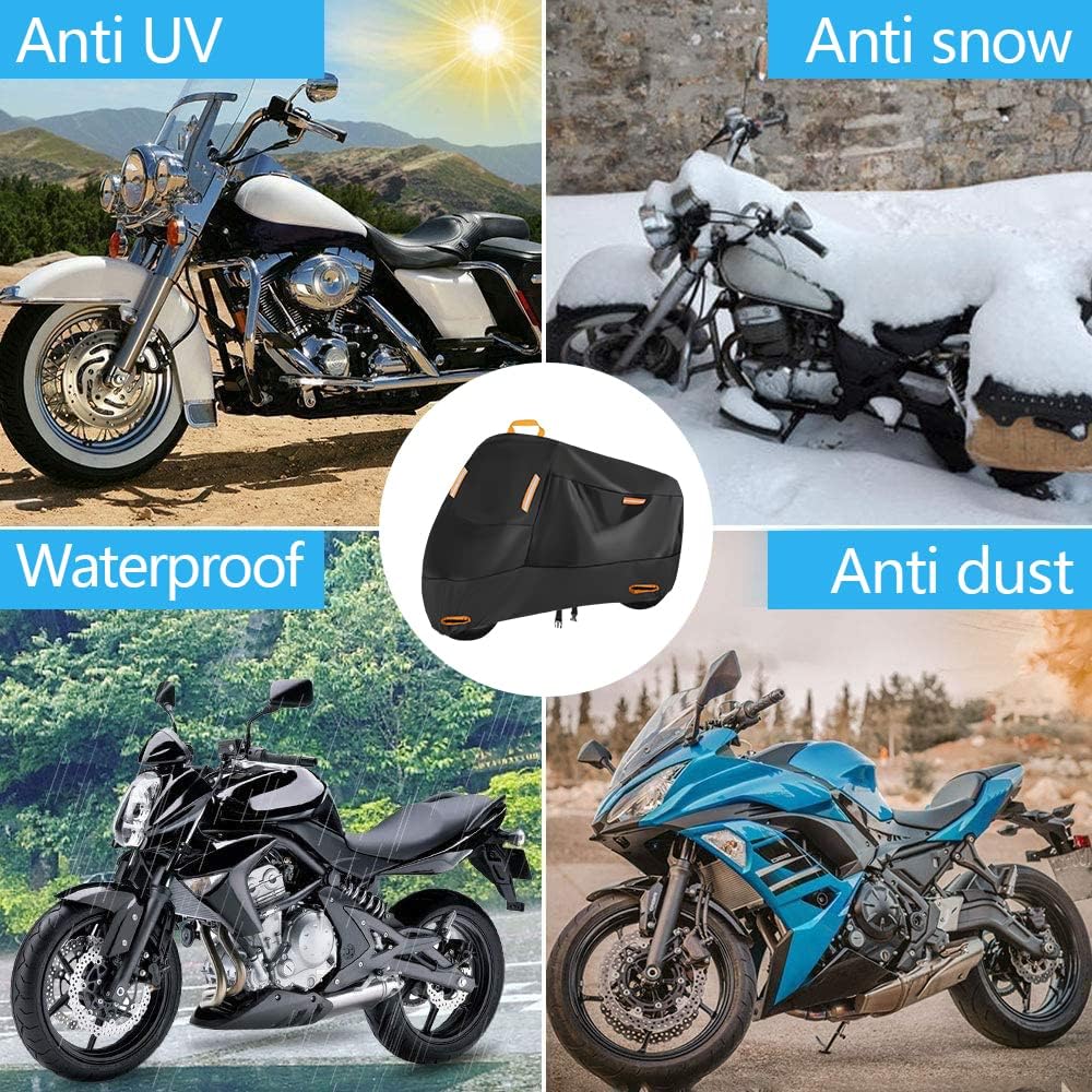 Seceles 300D Motorcycle Cover Waterproof Outdoor, All Season Protection Motorcycle Tarp Fit for Honda VTX 1300 C Fat Bob Kawasaki Vulcan 900 Kawasaki KLR 650 (3XL: 96" x 37" x 50")