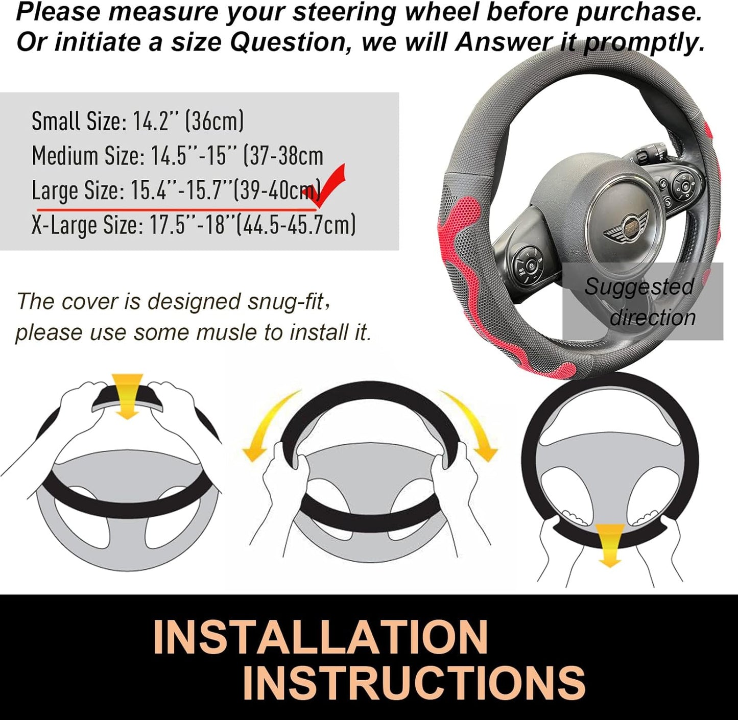 PINCTROT Large Size Comfy Grip Steering Wheel Cover, Anti-Slip Design, 15.5-15.75 Inch(Silicone Red)