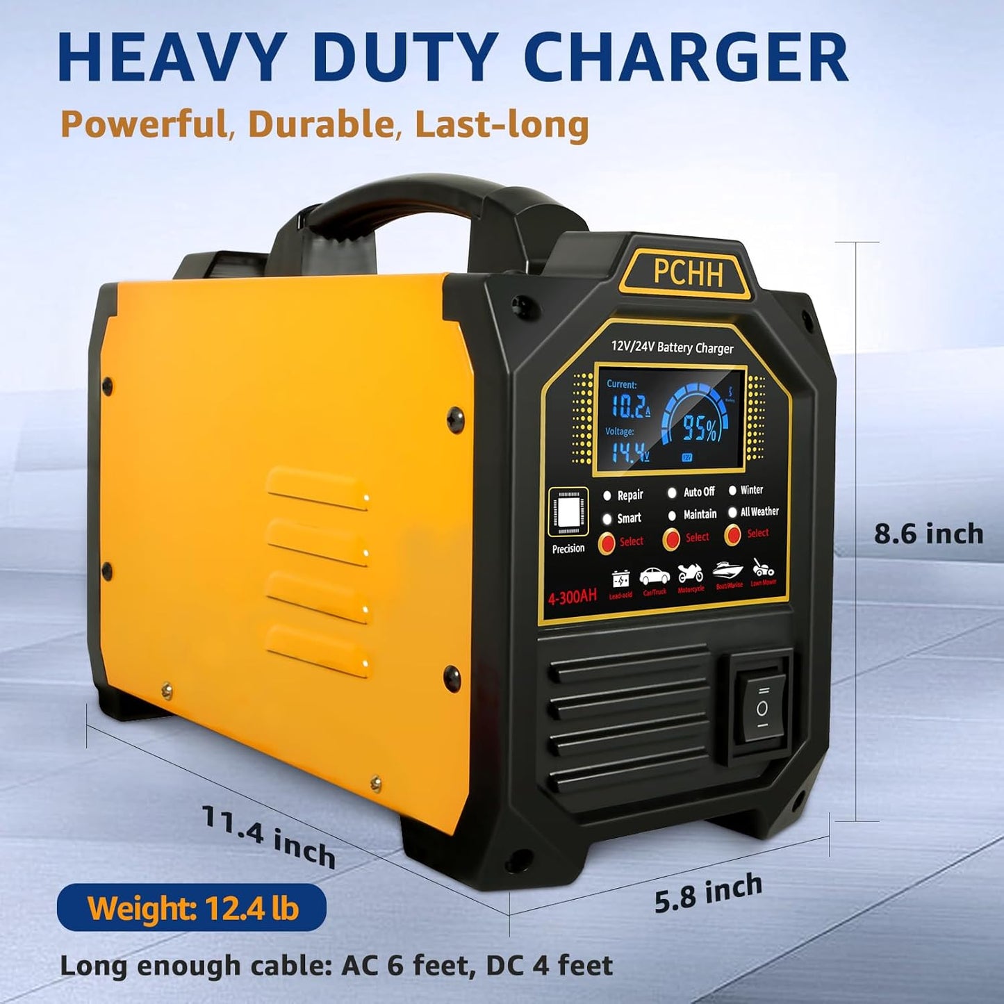 12V 24V Car Battery Charger Heavy Duty, 0-15A Automatic Battery Maintainer, Smart Trickle Charger with Auto Shutoffs, Repair, Winter Mode, for Automotive Car Truck Motorcycle RV AGM Deep Cycle