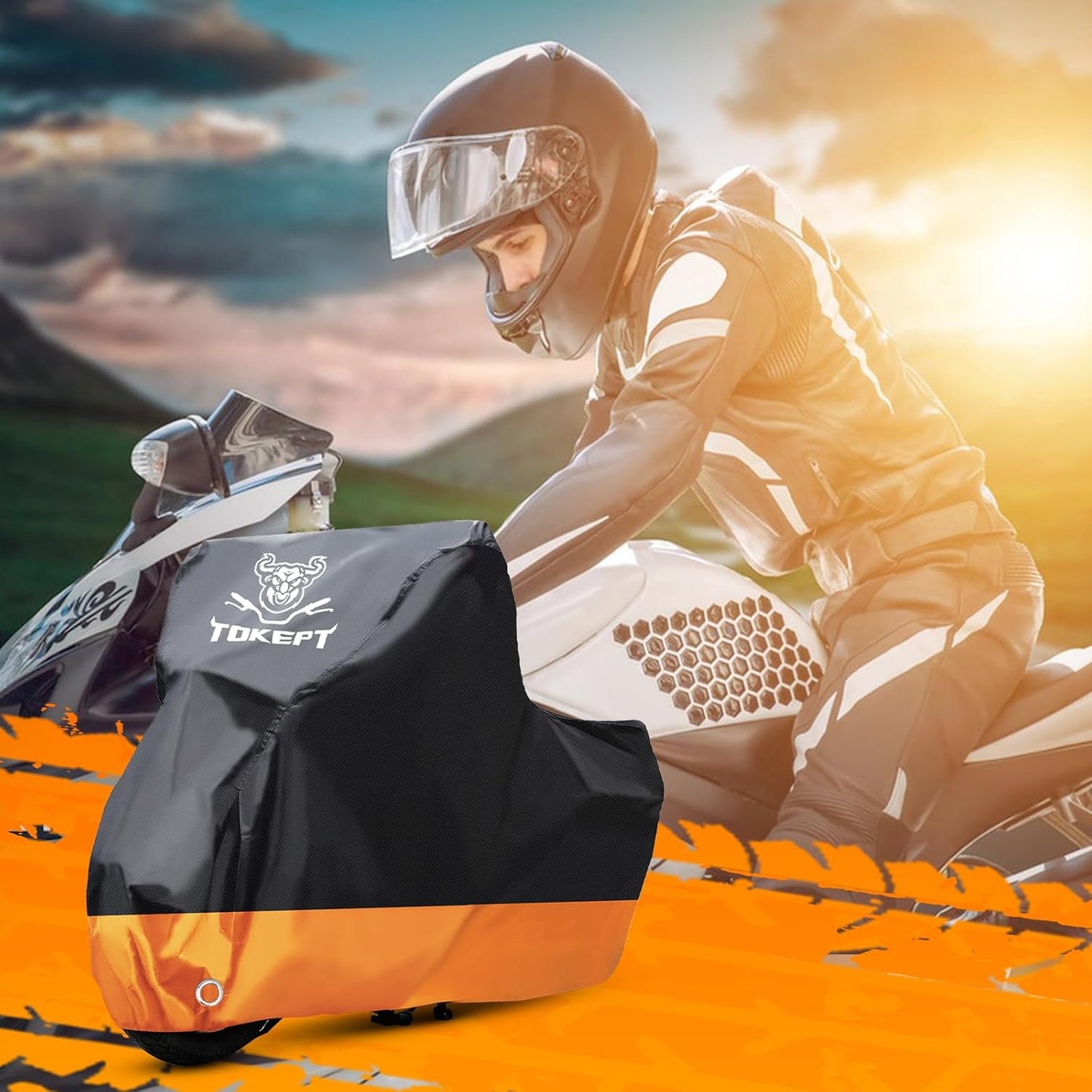 Motorcycle Cover, All-Season Waterproof Outdoor Sun Protection Fit up to 86 Inch Harley-Davidson Honda Suzuki Kawasaki Yamaha (M Black&Orange)