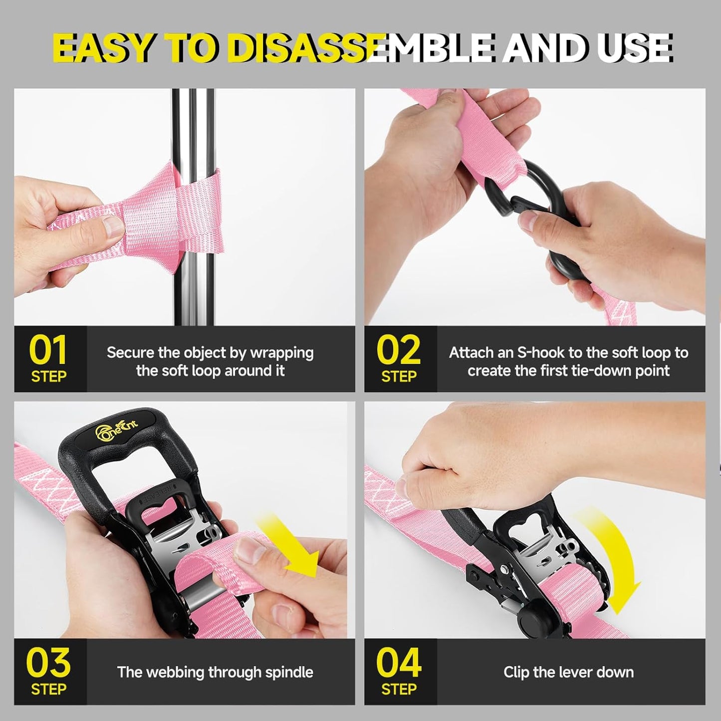 4Pcs 1.6”x 10FT Heavy Duty Ratchet Straps with Padded Handles+Coated S Hooks+Soft Loop Tie-Downs for Ratchet Strap Tie Down Kit-6000 Pound Break Strength(Pink)