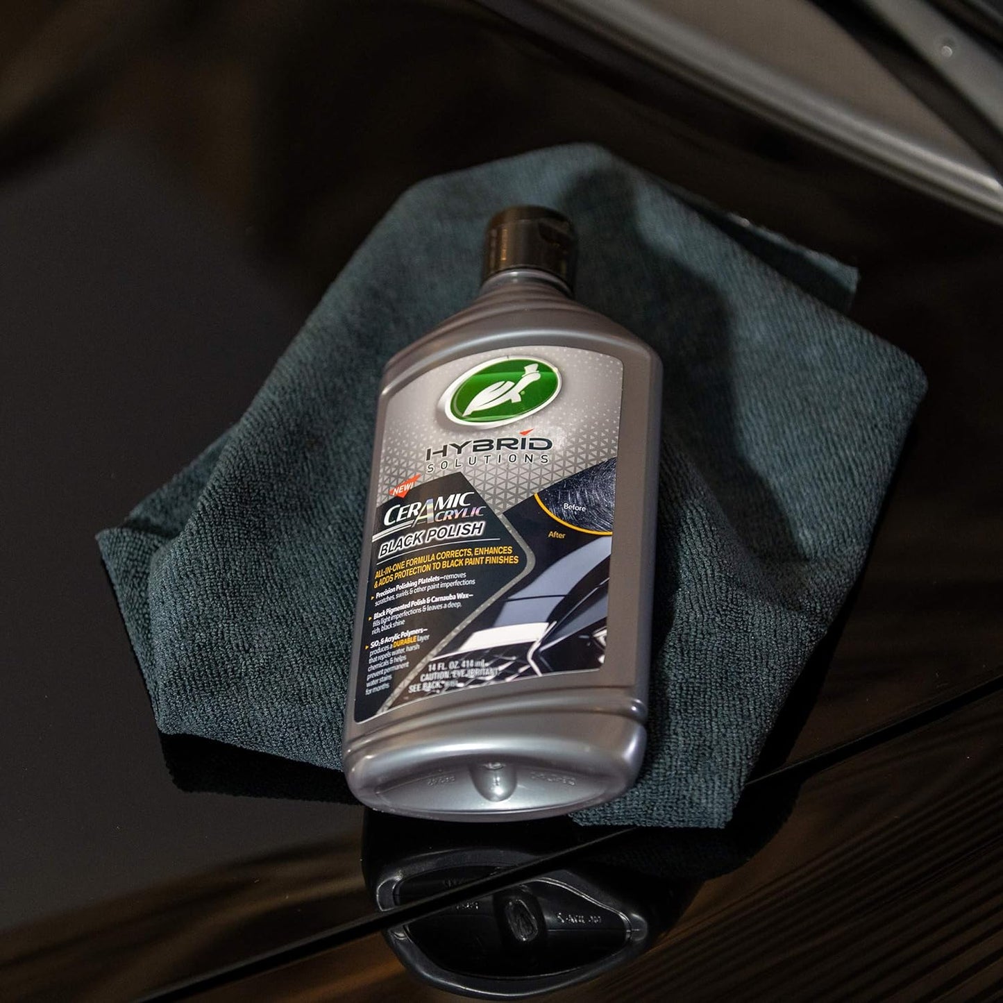 Turtle Wax 53448 Hybrid Solutions Ceramic Acrylic Black Polish and Wax Formulated for Black Car Paint, Removes Surface Scratches and Swirl Marks, Provides Water Repellency, 14 oz. (Pack of 1)