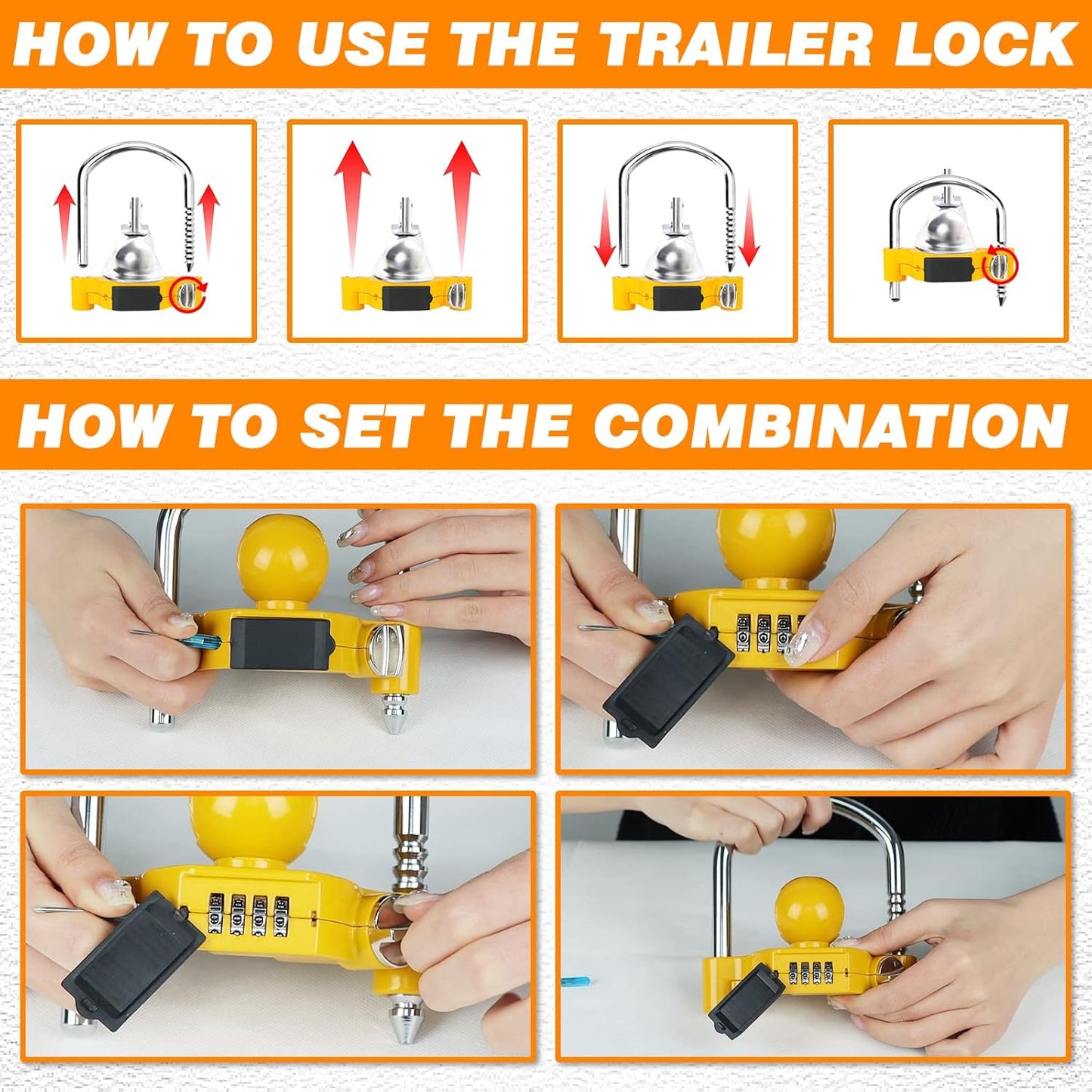 Funmit Trailer Lock Universal Hitch Lock with Combination Lock, fit 1-7/8", 2", 2-5/16" Coupler, Camper Accessories for Travel Trailers Boats Trucks Rvs Yellow