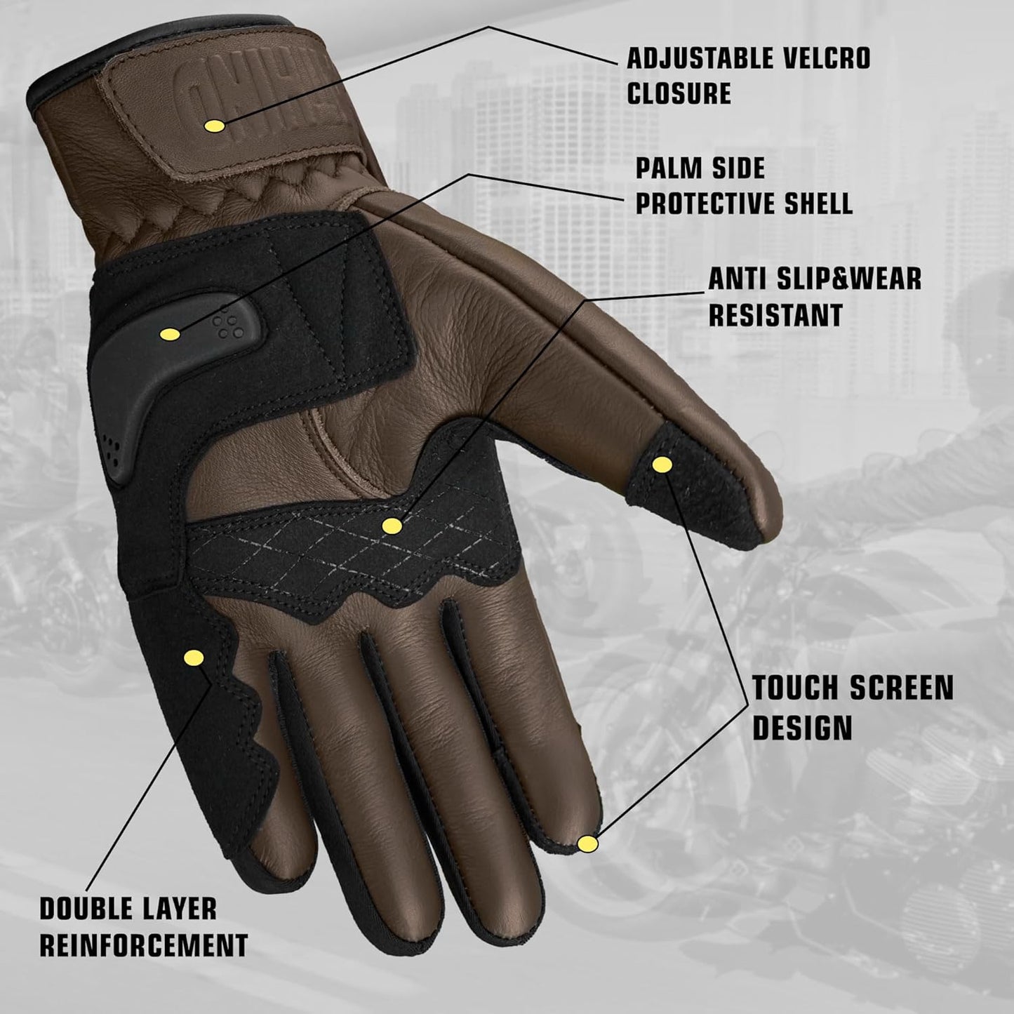 Leather Motorcycle Gloves for Men and Women | Touchscreen | Full Finger | Goatskin Leather Hard Knuckle Motorcycle Riding Gloves (Classic Brown, Medium)
