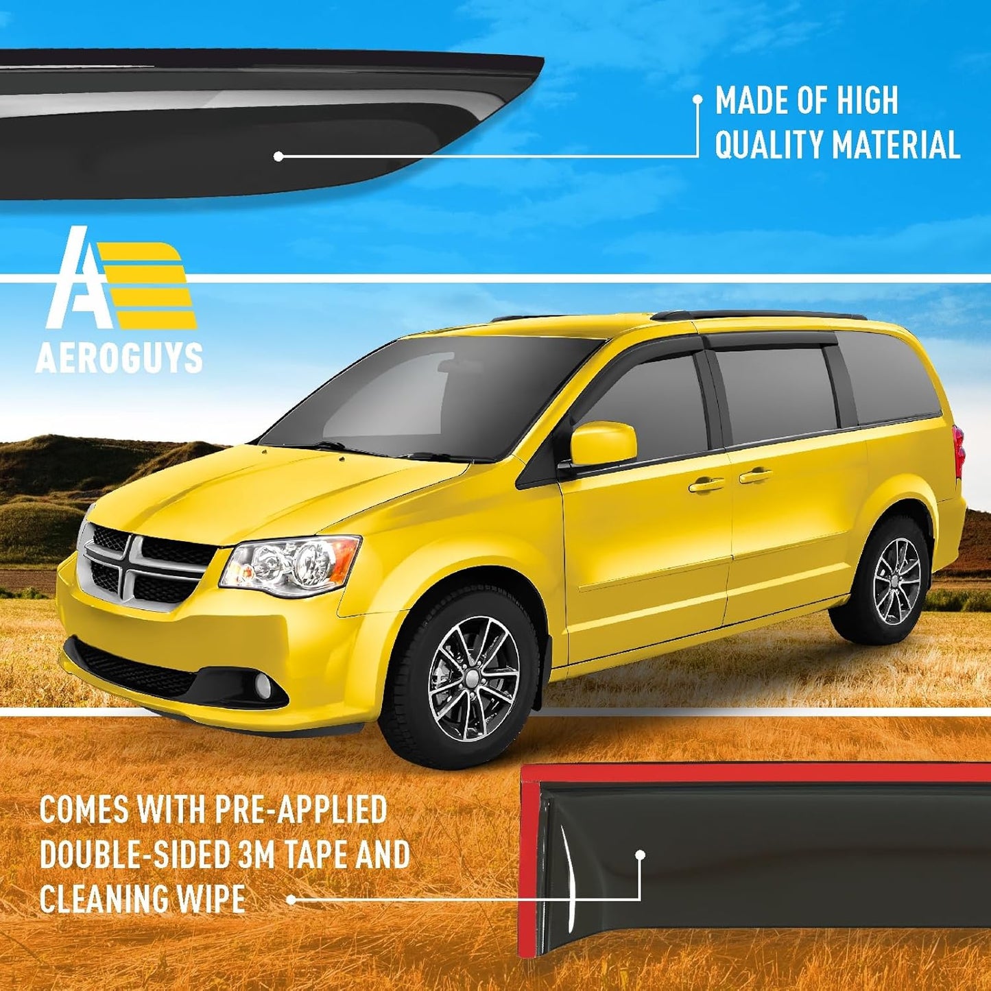 Extra Durable Window Deflectors Tape-On Window Visors Rain Guards Fit for Dodge Grand Caravan 2008-2020, Sun Visors, Wind Vent for Shades, Exterior Car Accessories - 4pcs. AG0027