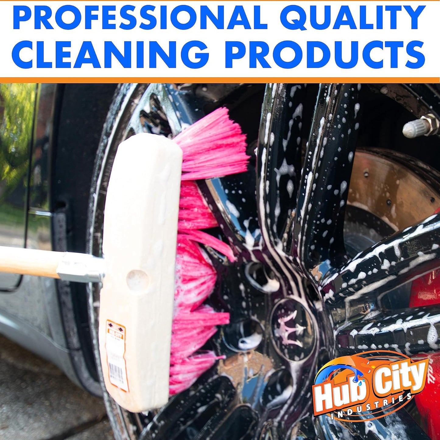 Hub City Industry 10- inch Car Wash Brush, Soft Nylon Bristle, car Accessories, Cleaning Supplies, Automotive wash Brush, Commercial Vehicle Scrub Brush, Flagged Red Poly Bristle