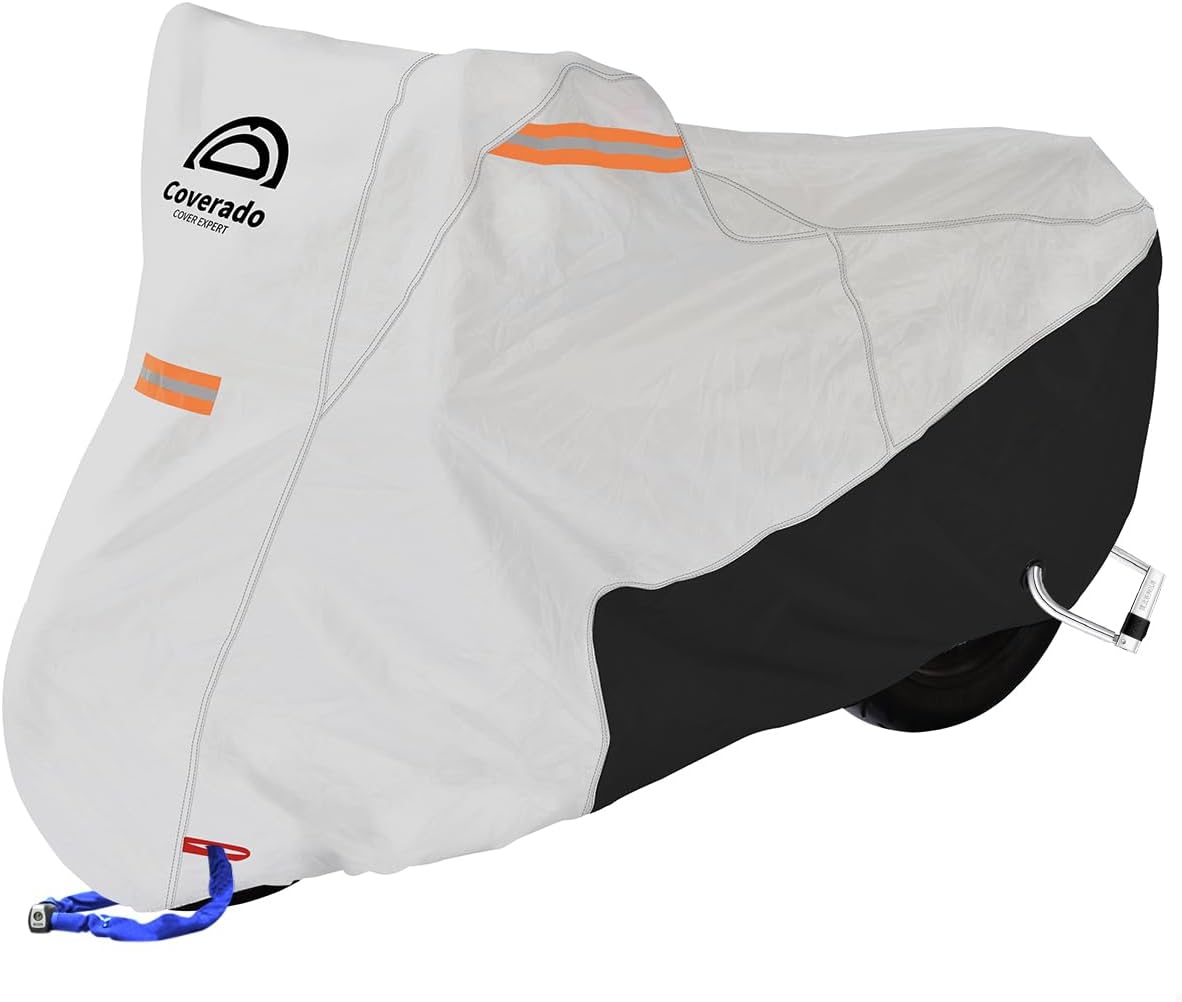 Coverado Motorcycle Cover Waterproof, All Weather Protection Outdoor Full Motorcycle Covers - UV Proof with Flame Retardant Fabric Fit for Harley Davidsion Yamaha Honda Suzuki (up to 83" Motors)