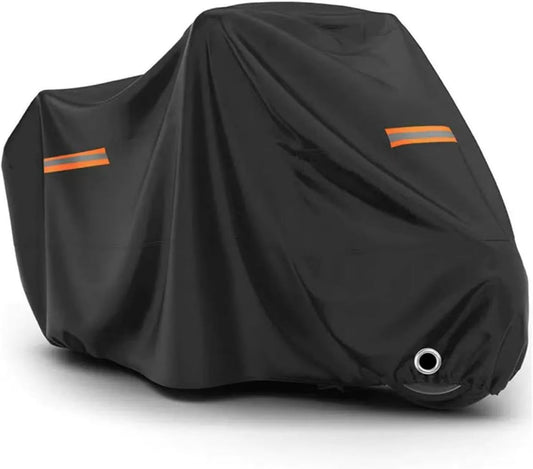 Motorcycle Cover, 210D Oxford Cloth, with Reflective Stripes, Waterproof Outdoor Protection, All-Weather Universal car Cover, with Lock Holes and Storage Bag. (All Black, 116")