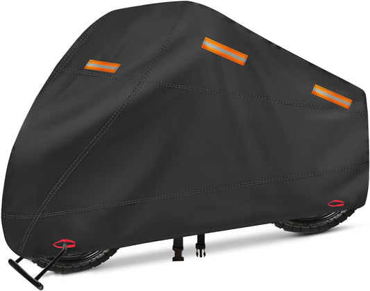 Motorcycle Cover, Heavy Duty 600D Oxford, Waterproof Outdoor, Weather Resistant, Rip-Proof, Anti-UV with 5 Reflective Strips, 2 Lock-Holes, 1 Windproof Strap, 1 Storage Bag (116" x 41" x 50")