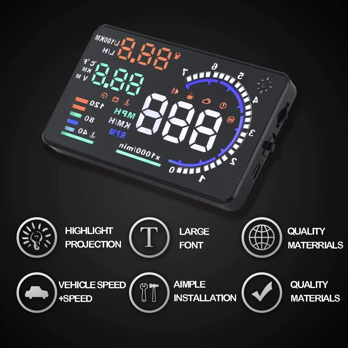 KAOLALI A8 HUD Display 5.5" Dash Screen Projector OBD2 Auto Gauge RPM MPH Speedometer Overspeed Warning Fuel Consumption Temperature Speed Heads Up Windshield Display Multiple-Color Bright for Cars
