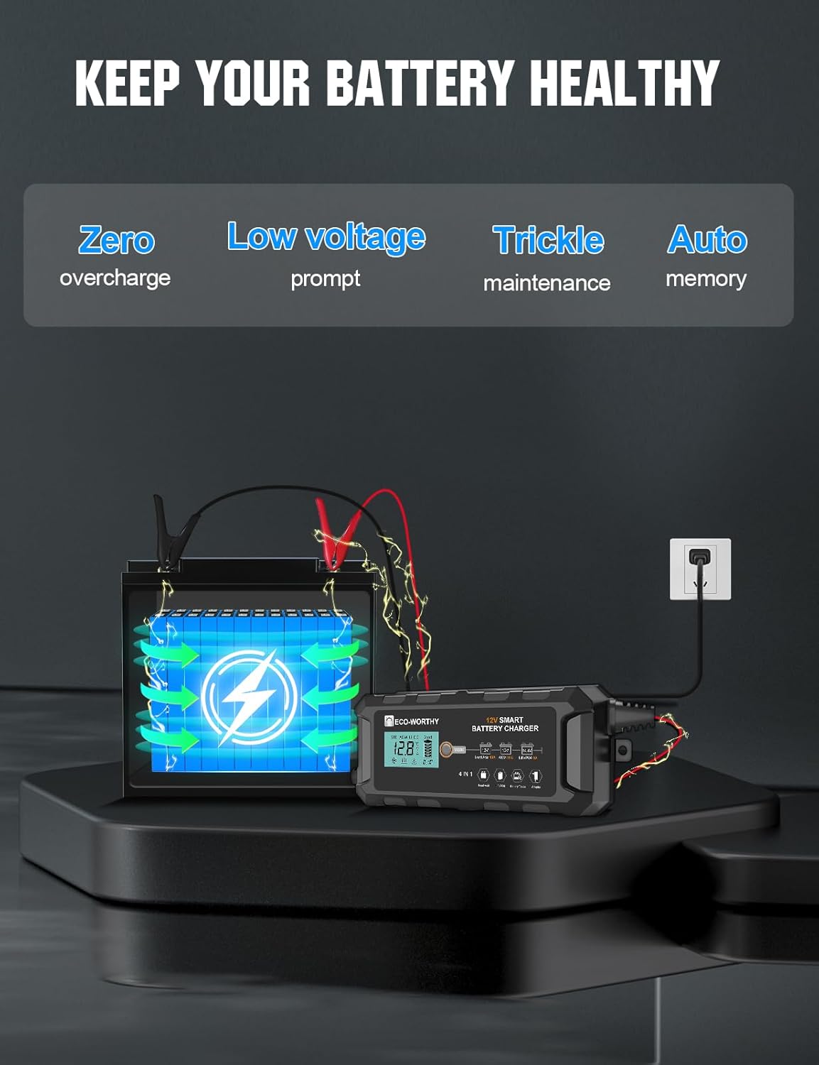 ECO-WORTHY 10A Lifepo4 Battery Charger 12V, Smart Car Battery Charger Automotive Battery Maintainer, Trickle Charger and Desulfator for Lead Acid Motorcycle Marine Boat