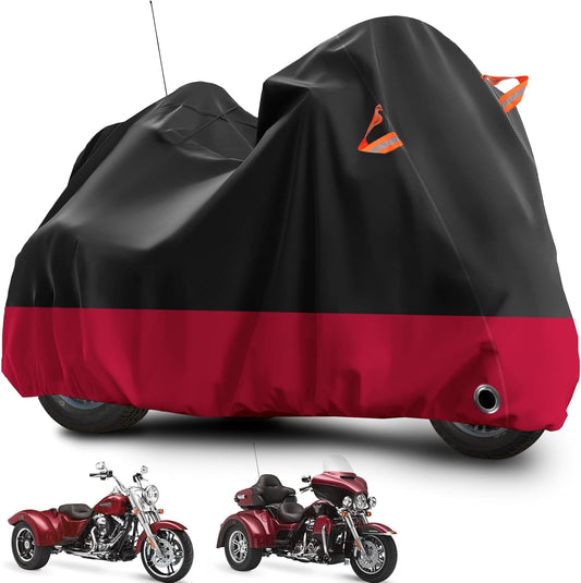 Trike Motorcycle Cover, Outdoor Waterproof Vehicle Cover with Windproof Buckle Reflective Strip for Harley Davidson, Honda Gold Wing, Kawasaki 3 Wheel Motorcycle Accessories (Black&Red)