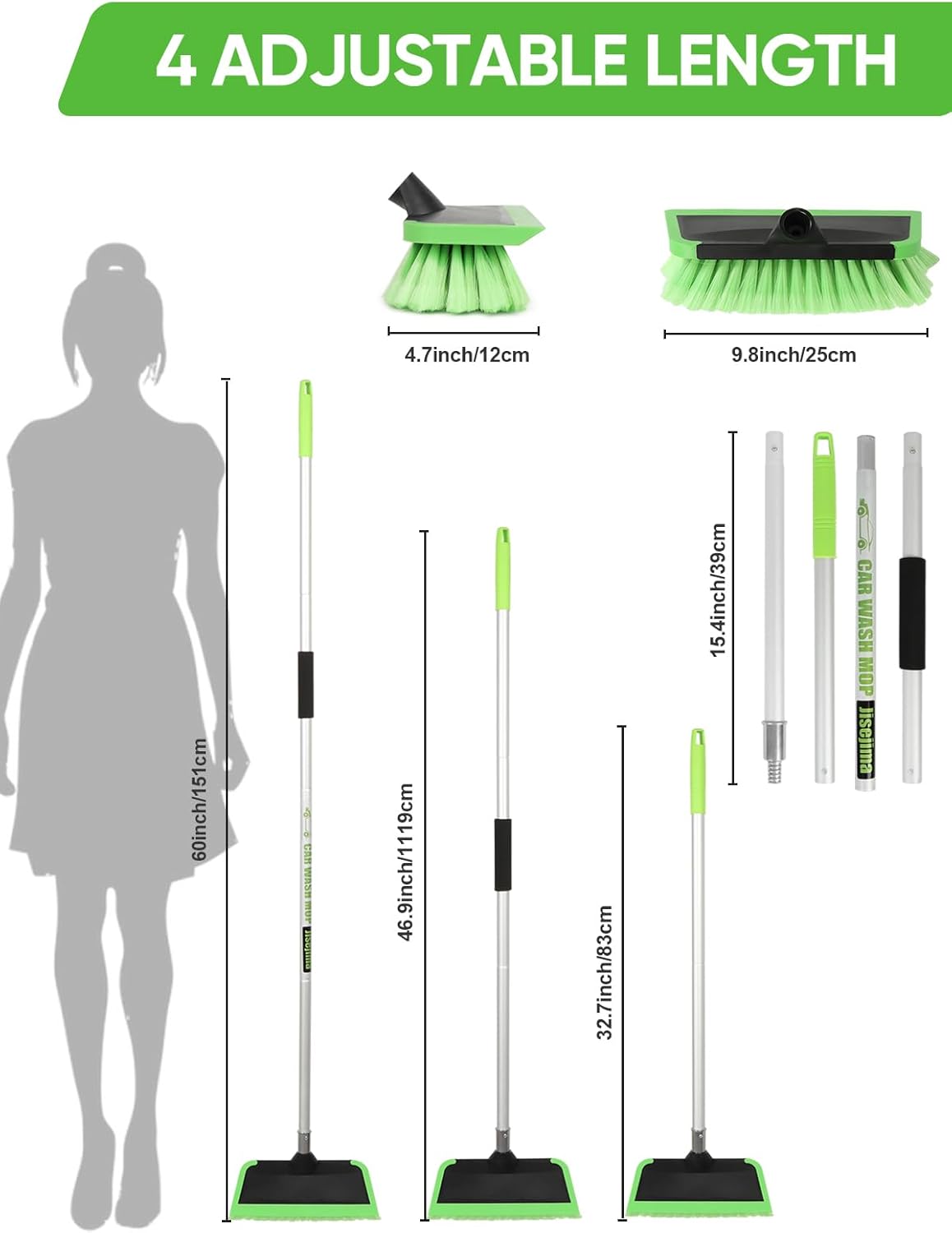 2 in 1 Car Wash Brush with Squeegee PBT Soft Bristle Truck Scrub Detail Brush 60” 151cm with Adjustable Long Handle for Interior Exterior Car Truck RV Boat Deck House Siding Cleaning Sweep Snow