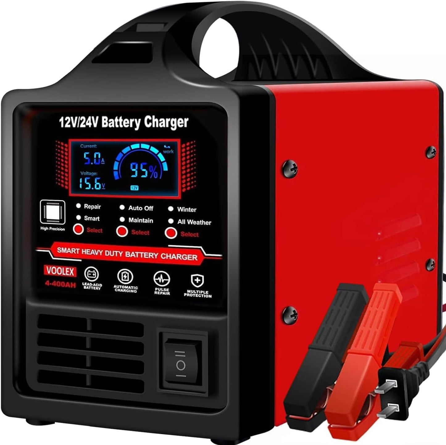 Voolex Car Battery Charger 12V 24V Portable Automotive Trickle Charger Battery Maintainer for AGM Car Truck Motorcycle RV Deep Cycle Repair, Winter Mode(for Lead Acid Batteries)