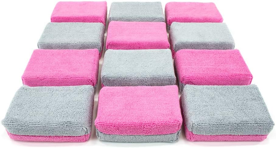 Autofiber Thick [Saver Applicator Terry] Ceramic Coating Applicator Sponge | 12 Pack | with Plastic Barrier to Reduce Product Waste. (Pink/Gray)