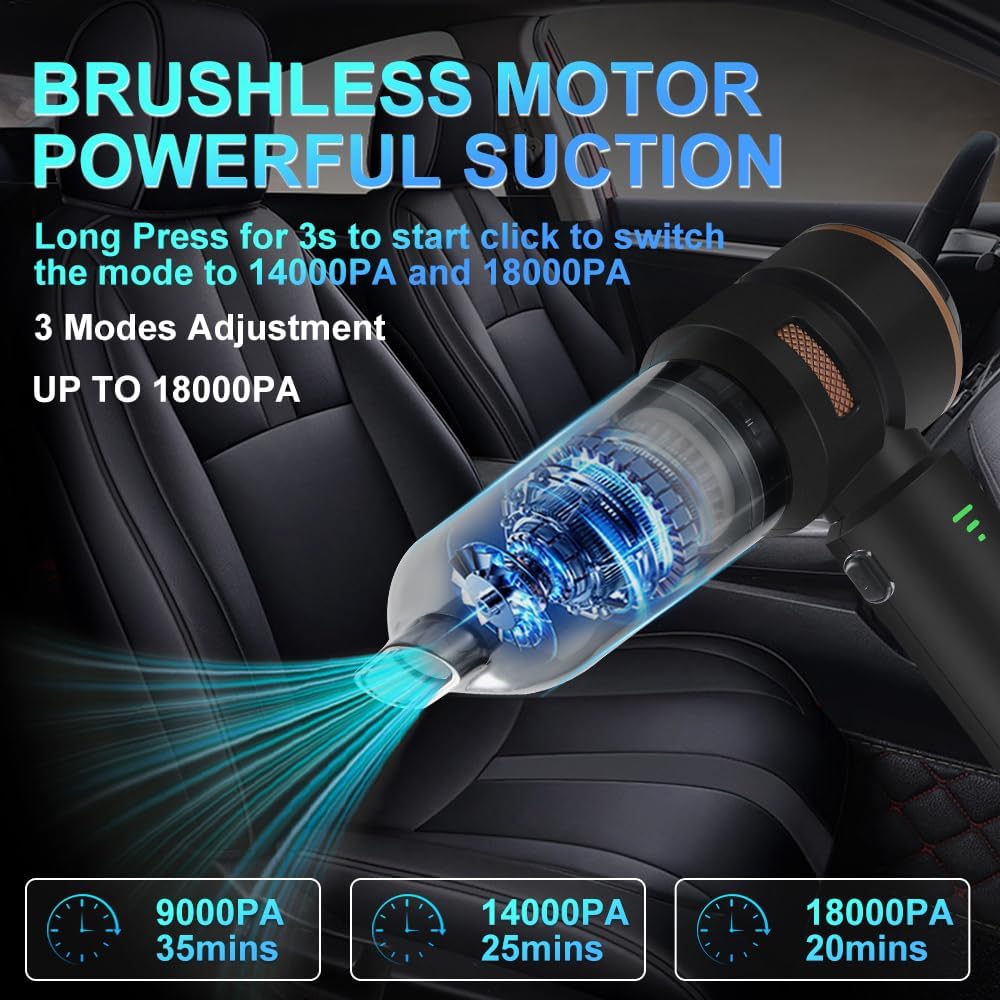 Handheld Car Vacuum 18000PA, 4-in-1 Mini Vacuum Cleaner Portable Cordless, Air Blower, High Power Air Duster with Brushless Motor, Suitable for Car, Home, Pet, Office, Camping (Golden)