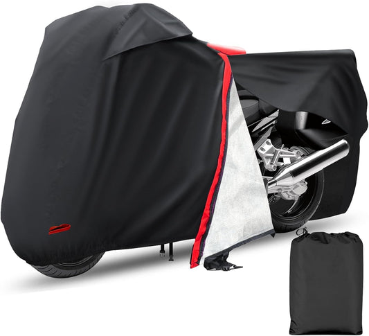 Motorcycle Cover,Waterproof Zipper Outdoor Cover for All Seasons Windproof, High Heat Resistance Dustproof and Rainproof Snowproof(Red Zipper XXXL Fits Up to 116 inch)