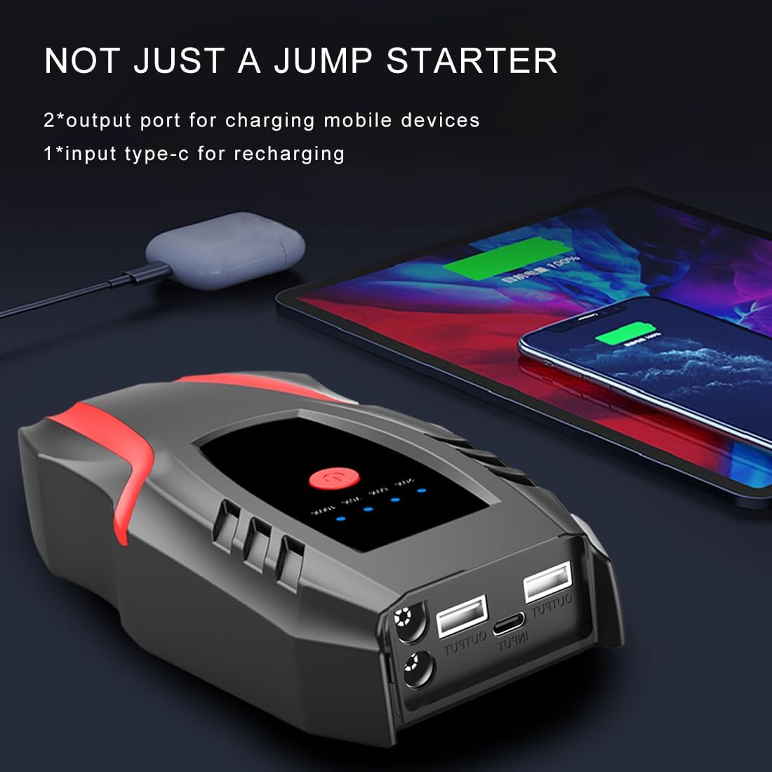 12v Auto Jump Starter Peak Current 2000A (8.0L Gas and 5.0L Diesel Engine), Car Lithium Battery Charger Jumper Cable Pack, 8000mah Portable Power Bank with LED Light&USB Quick Charge