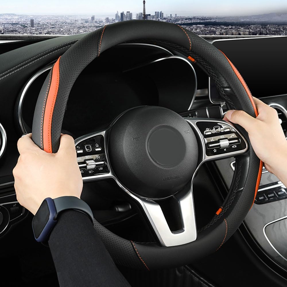 Car Steering Wheel Cover, Leather Steering Wheel Cover Orange Universal 14.5-15 Inch Microfiber Leather Anti-Slip Breathable Auto Steering Wheel Covers for Men Women (Black&Orange)