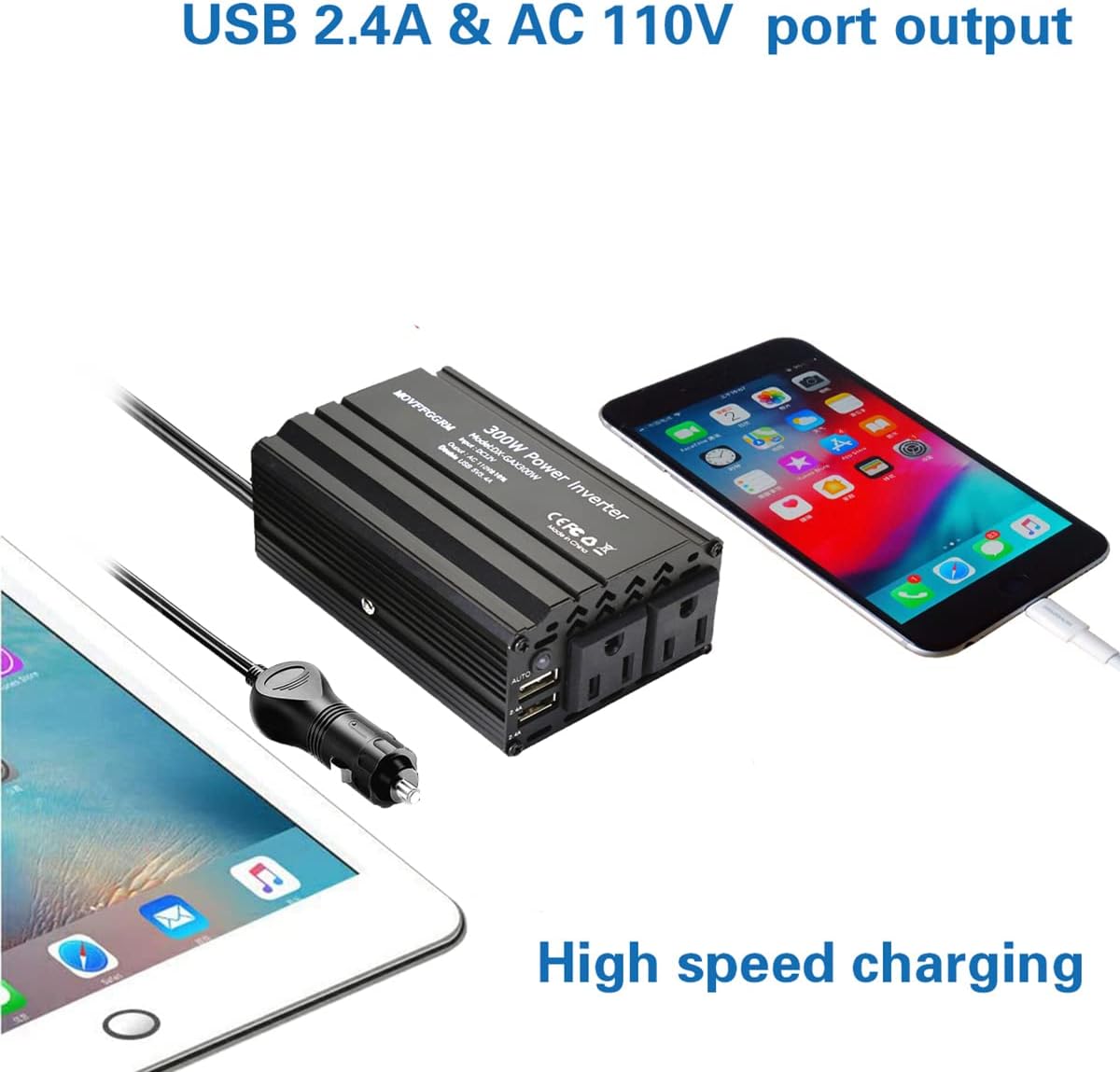 300W Power Inverter DC 12V to 110V AC Car Inverter with 2X 2.4A Dual USB car Plug in Adapter Charger Outlet Black Power inverters for Vehicles