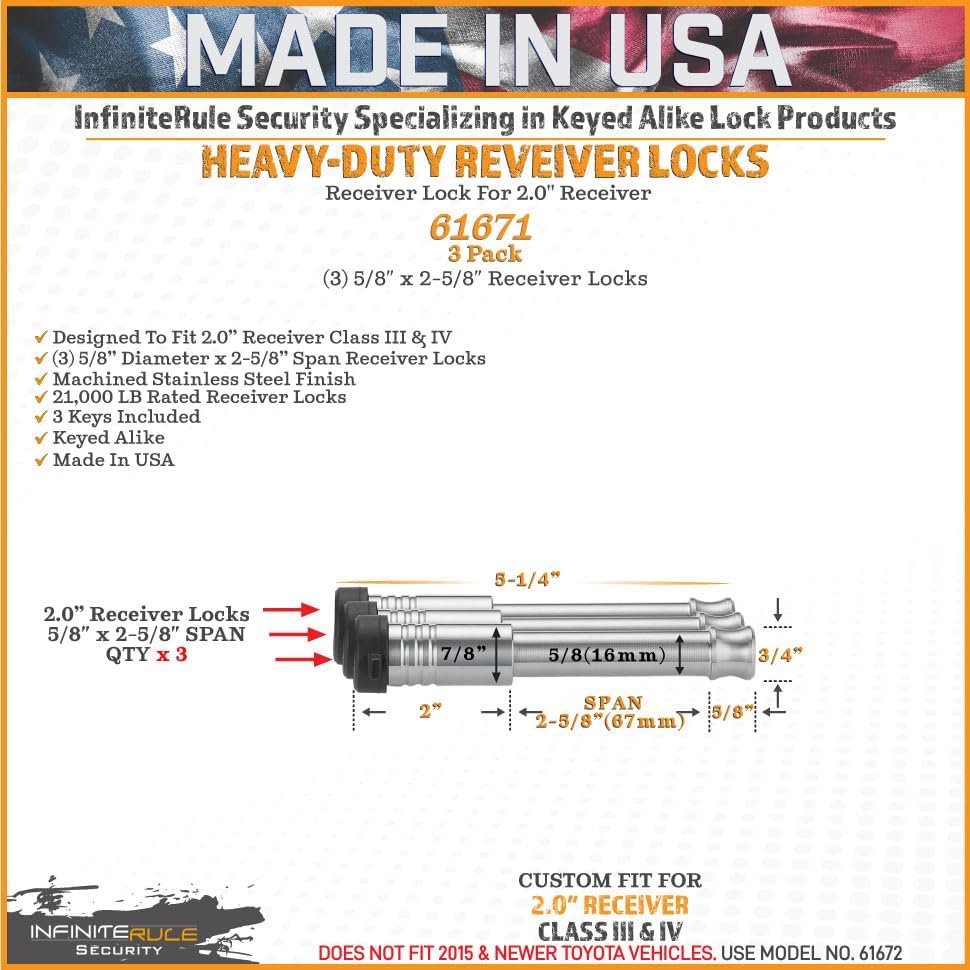 61671 | 3 Pack, Keyed Alike, Receiver Locks for 2" Receiver - Class III & IV
