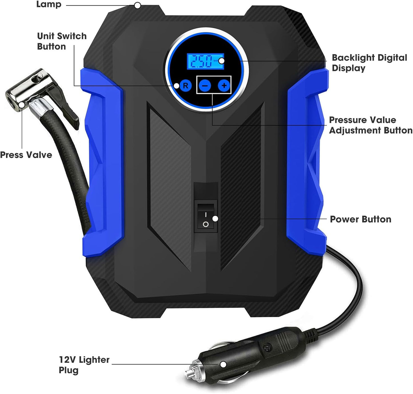 Digital Air Compressor for Car Auto Pump Portable Tire Inflator with LED Light DC 12V, Blue