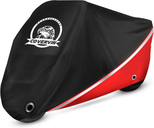 COVERVIN Motorcycle Cover, All Weather Outdoor Waterproof Night Protection with Reflective Strips, Locking Holes and Storage Bag for 104 Inch Suzuki, Kawasaki, Honda, Harley-Davidson(Red XXL)