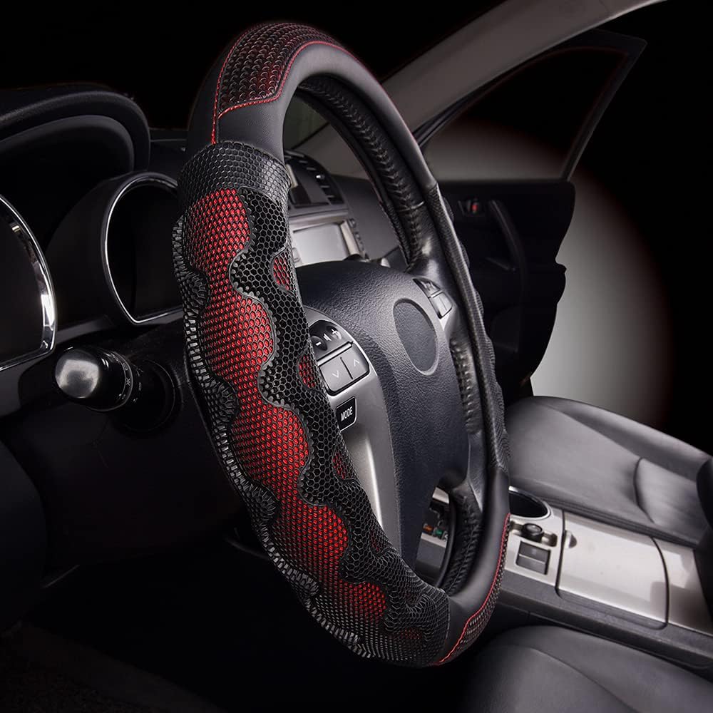 Flying Banner car Steering Wheel Cover Faux Leather Massage Universal fit 3D Honeycomb Hole Anti-Slip Sporty 15 Inches (Red with Black)