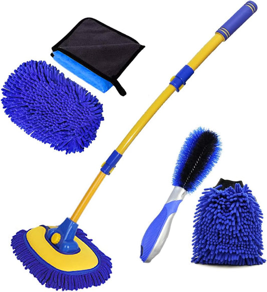 Car Wash Brush With Long Handle, Chenille Microfiber Mop Mitt, 1 Replacement Head, Wheel Brush Extension Pole, Cleaning Kit With Towels for Cars Trucks 5PCS