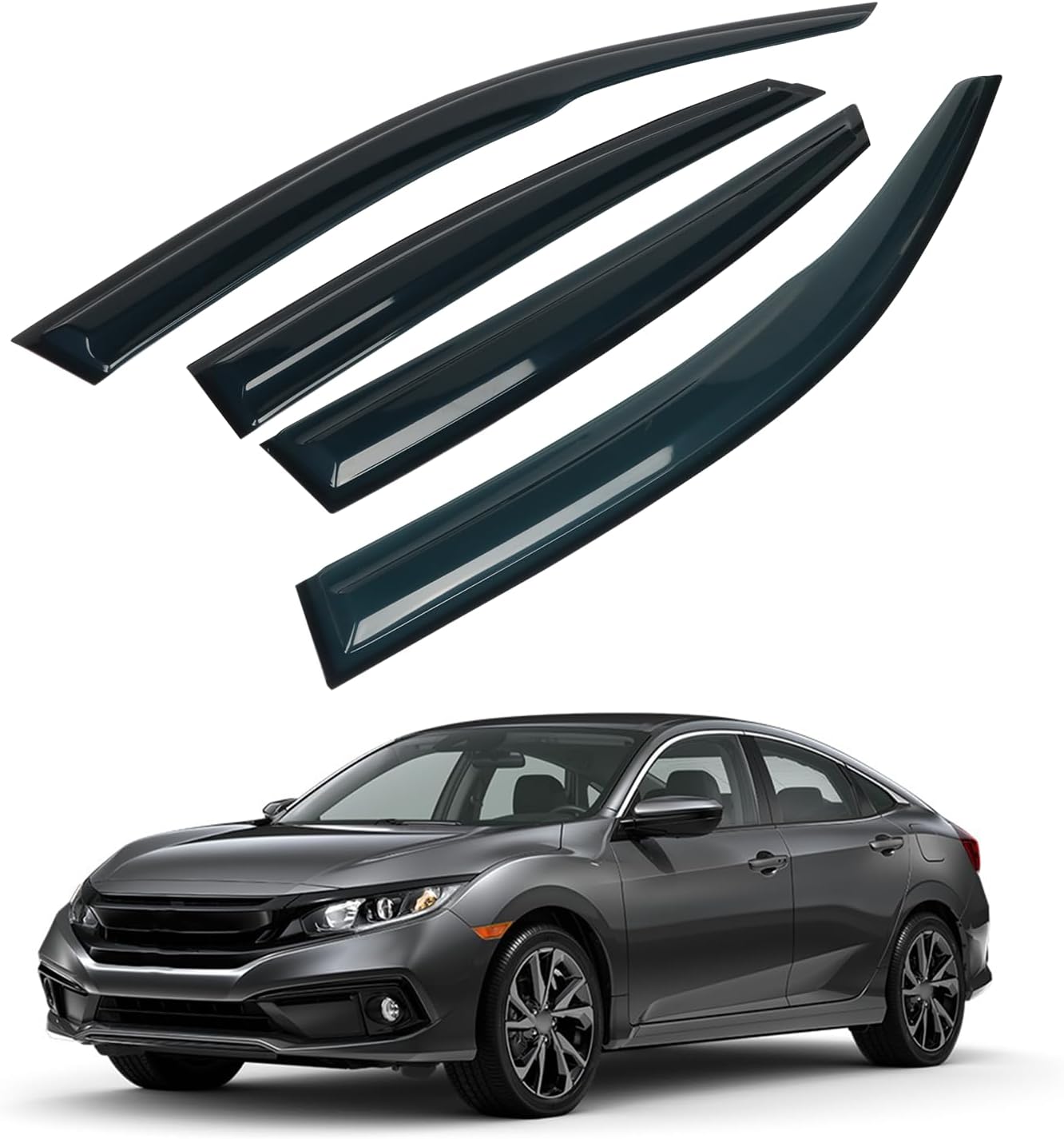 4PCS Rain Guards Window Visors Wind Deflector Fits for Honda Civic 2016-2021 10th 4-Door Sedan, 94682, Outside Mount Vent Shade Shield, 2016 2017 2018 2019 2020 2021