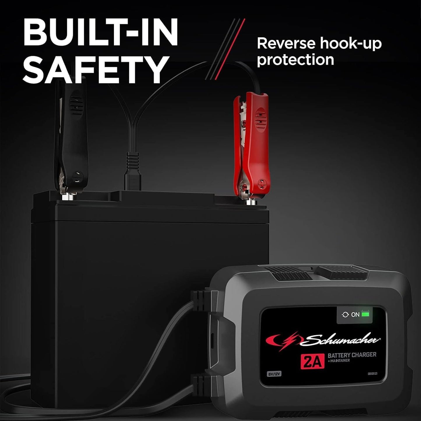 Schumacher Electric Fully Automatic 2A 6V / 12V Battery Charger & Maintainer - Multi-Stage Smart Charging with Quick-Connect Clamps - Car Battery Charger for Motorcycles, Lawn Mowers & More - SC1588