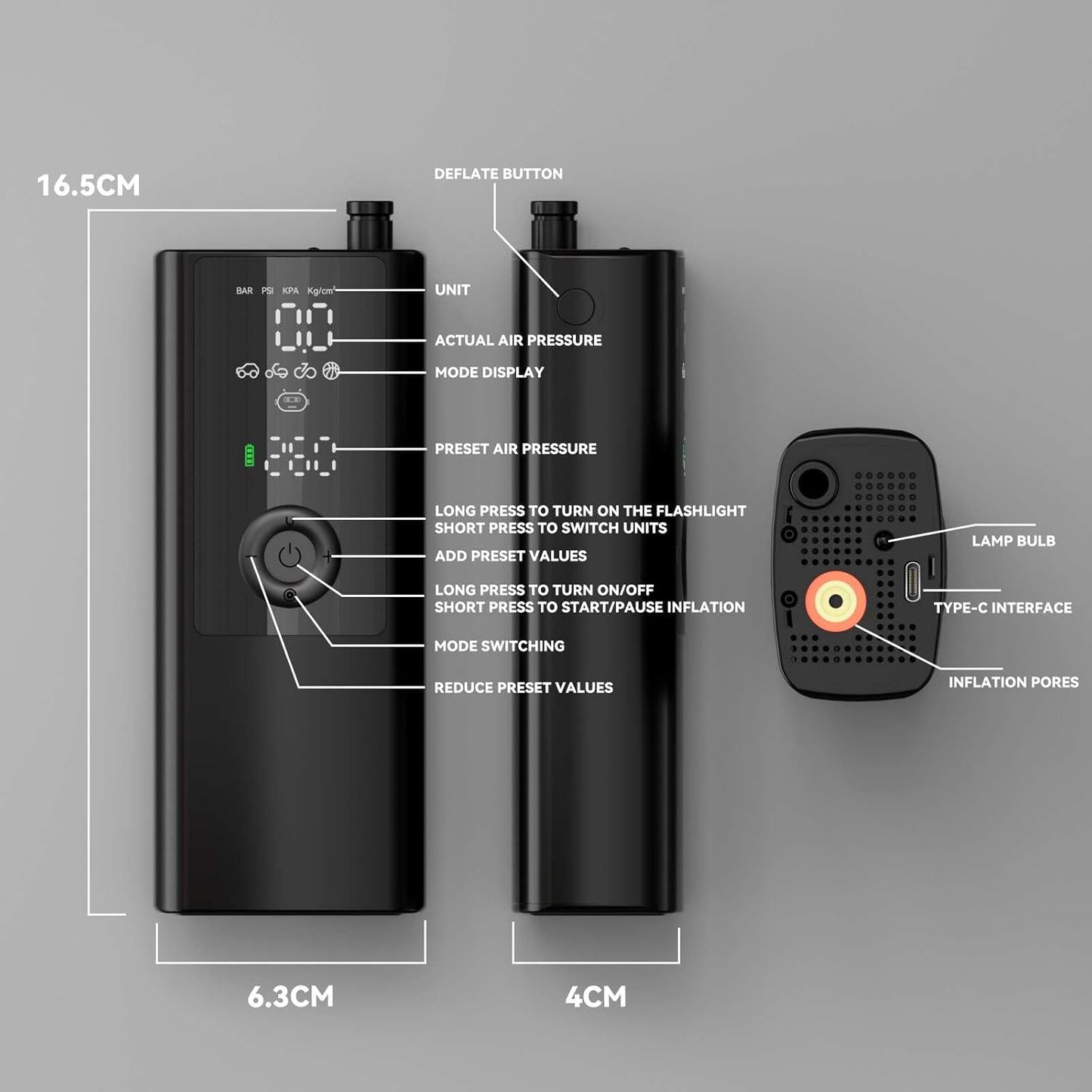 Electric Air Pump - for Bikes, Balls, Motorcycles, Cars & More - with Digital Pressure Gauge, LED Light, Auto Shut-Off - Hi-Reliable Compact Cordless Inflator