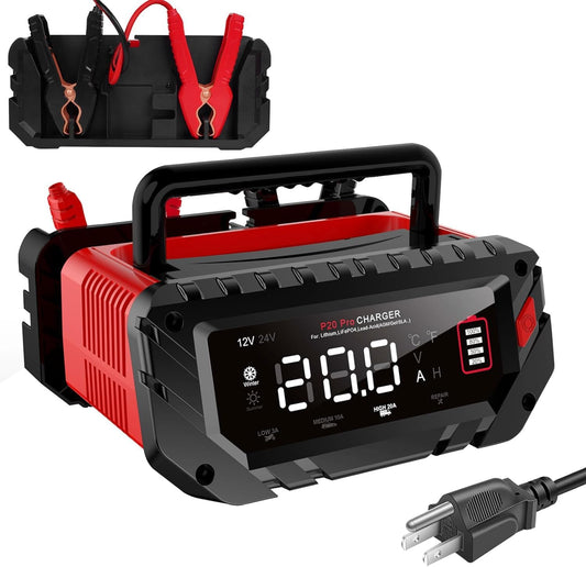 Battery Charger 0-20Amp,12V/24V Lithium,LiFePO4,Lead Acid,Fully-Automatic Smart Car Battery Charger,Trickle Charger, Maintainer/Pulse Repair for Boat, Motorcycle,Suv,Truck,Golf Cart, Lawn Mower