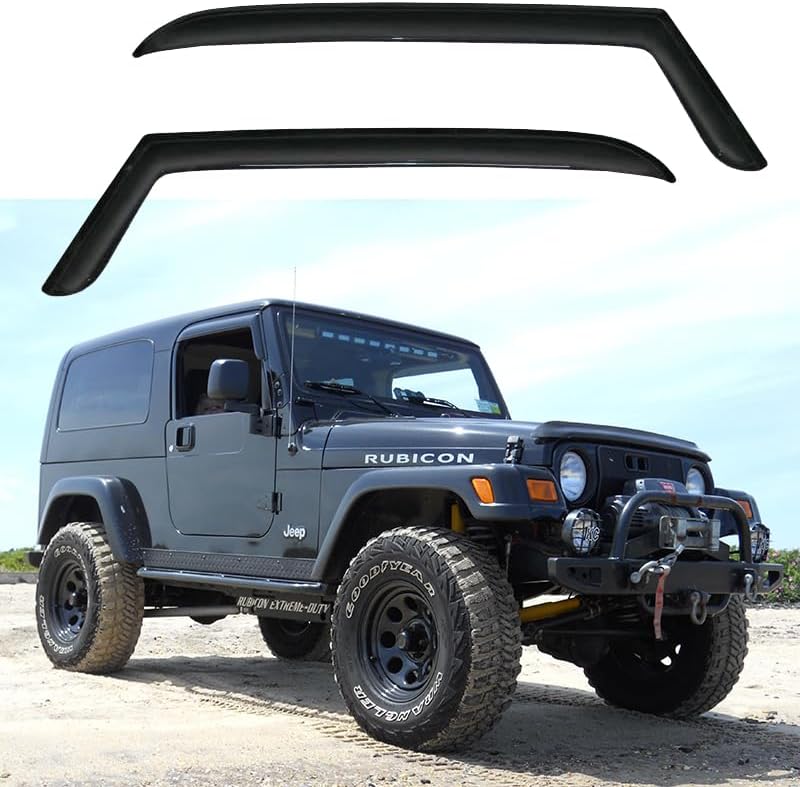 92054 Side Window Wind Vent Deflectors fit for 1997-2006 Jeep Wrangler (TJ) 2-Door,2pcs Outside Mount Style Sun Rain Guards Set,Dark Smoke Nice Looking Window Visor