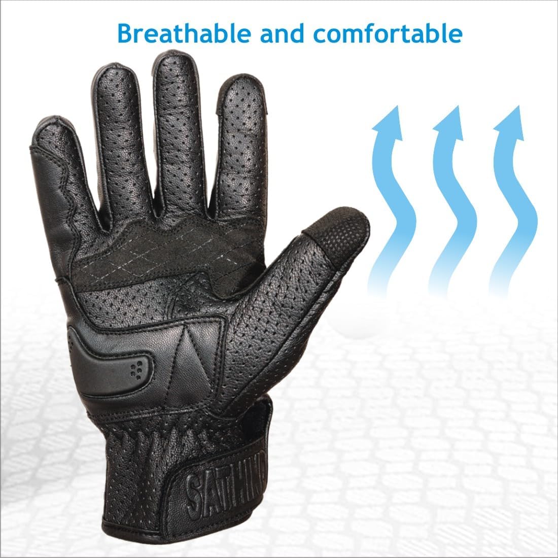 Leather Motorcycle Gloves for Men and Women | Touchscreen | Full Finger | Goatskin Leather Hard Knuckle Motorcycle Riding Gloves (Perforated, Large)