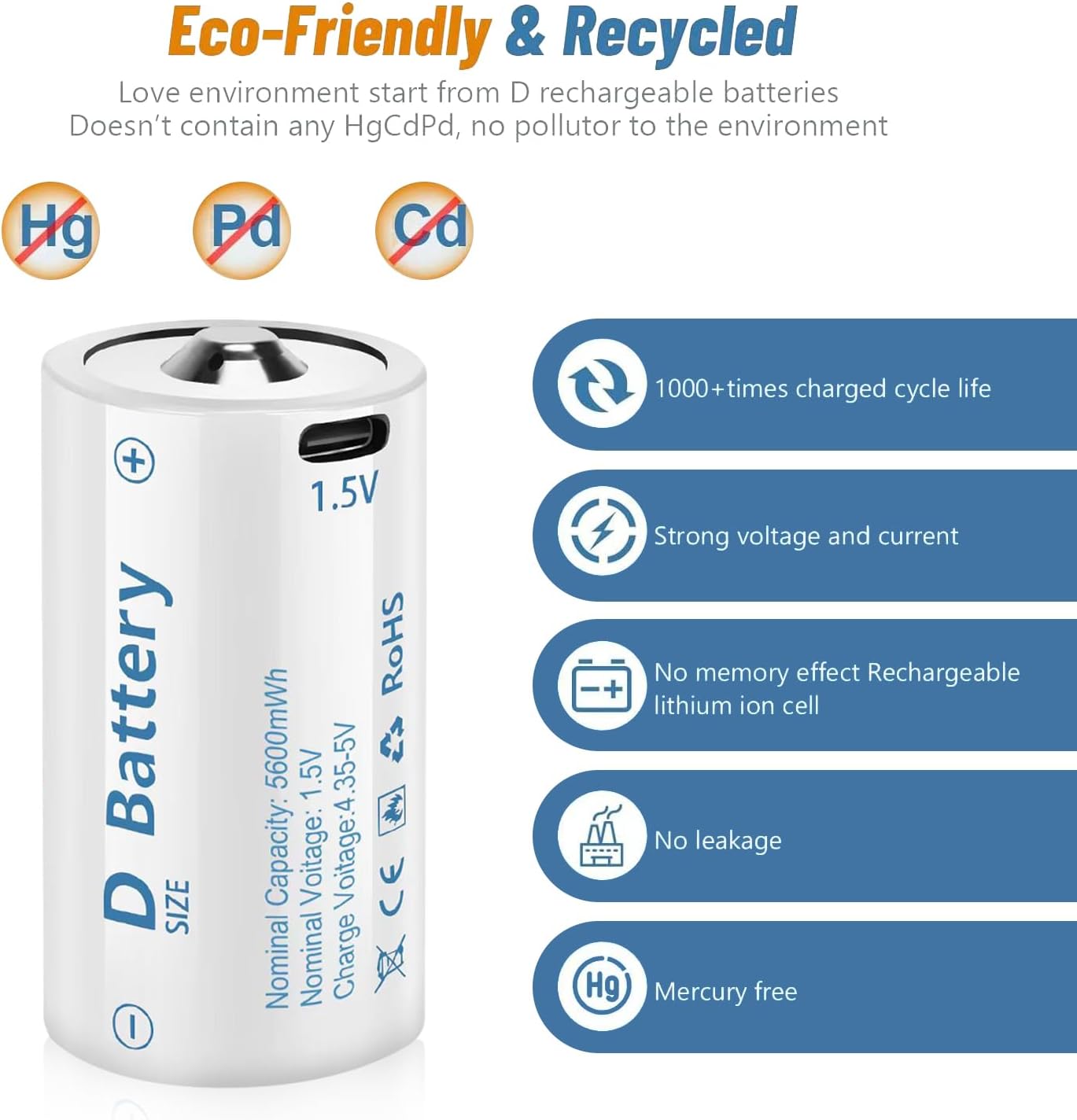 D Cell Batteries 4 Pack,Lithium D Batteries 5600mWh, Rechargeable D Batteries with USB-C 4 in 1 Charging Cable, 1.5V D Cell Battery for Flashlight Toys & floodlight