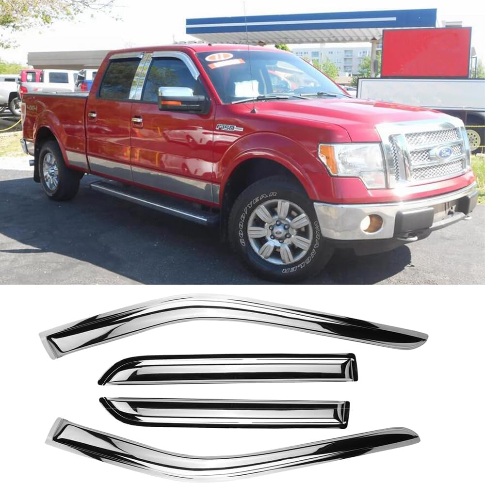 94953Y Chrome Side Window Visor Wind Vent Deflector for 1999-2016 Ford F-250/F-350/F-450/F-550 Super Duty SuperCrew Cab with 4 Full Size Doors,4pcs Outside Mount Style Shade Sun Rain Guards
