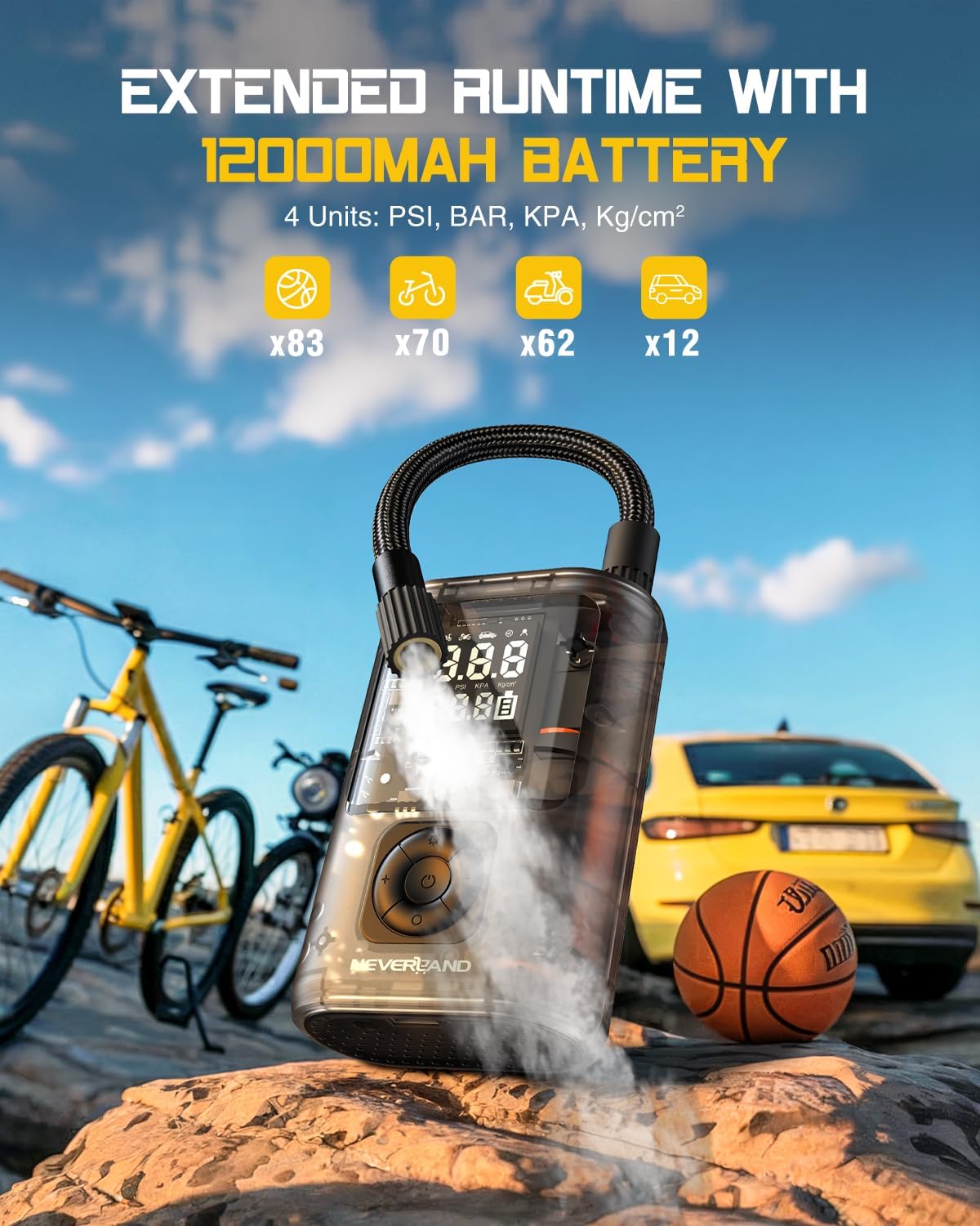 NEVERLAND Tire Inflator Portable Air Compressor - 12000mAh 150PSI Auto Air Pump for Bike Car Tires, Electric Bike Tire Pump with Gauge, Air Compressor Portable for Bike Bicycle Car Motorcycle Ball