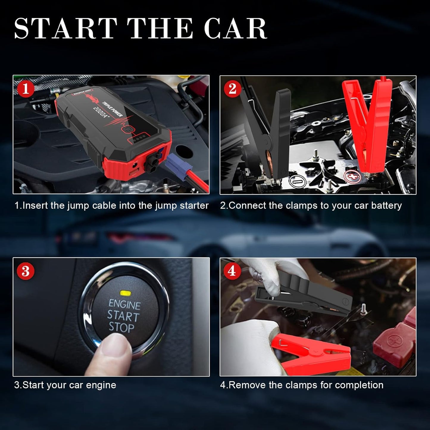 Car Jump Starter 2000A Peak (for up to 6.0L Gas or 4.0L Diesel Engine) 12V Car Battery Booster Pack, Portable Battery Starter, Power Bank Charger with Built-in LED Bright Light