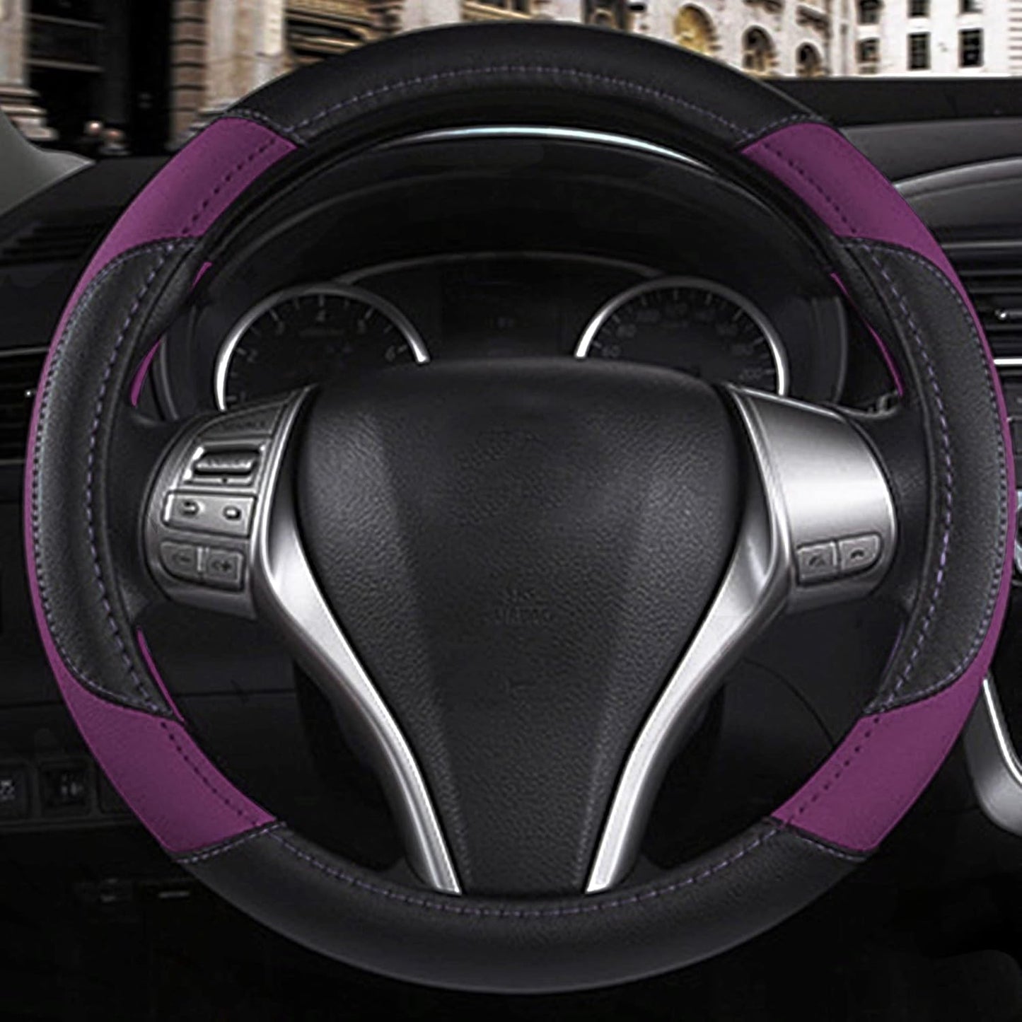 Leather Car Steering Wheel Cover, Non-Slip Car Wheel Cover Protector Breathable Microfiber Leather Universal Fit for Most Cars (Purple-2)