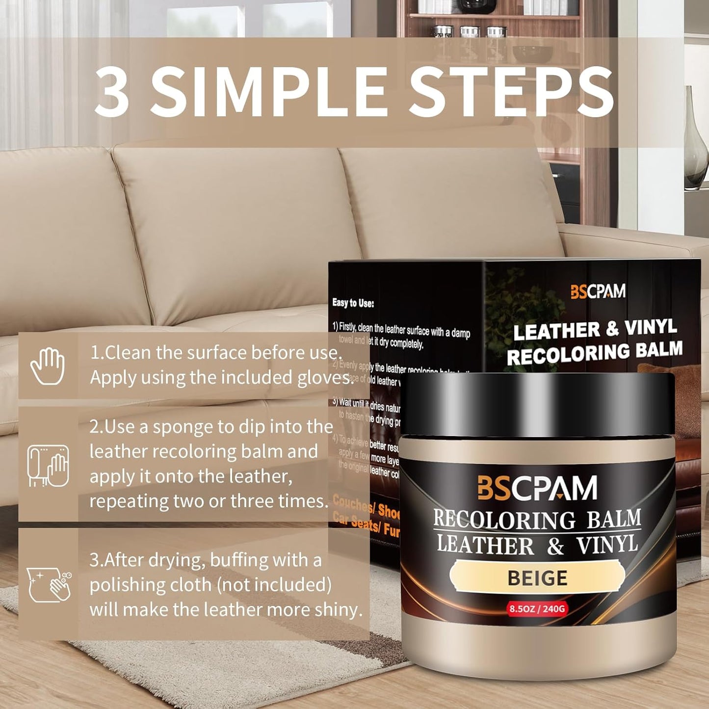 Beige Leather Recoloring Balm,Leather Couch Scratch/Stain Remover,Leather Repair kit for Vinyl Furniture and Car Interior,Leather Dye Paint for Scratched and Faded Leather Couches