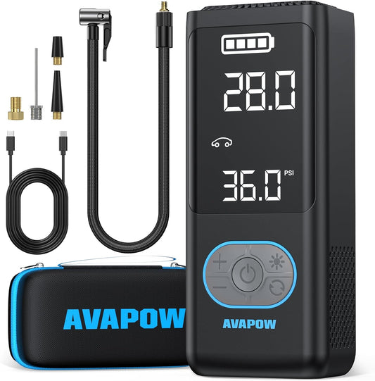 AVAPOW AP18 Tire Inflator Portable Air Compressor, 300% Faster 150 PSI Cordless Air Pump with Tire Pressure Gauge, 3.7″ Dual LCD Screen, Auto-Shuts Off Tire Pump for Car, Motorcycle, Bicycle, Black