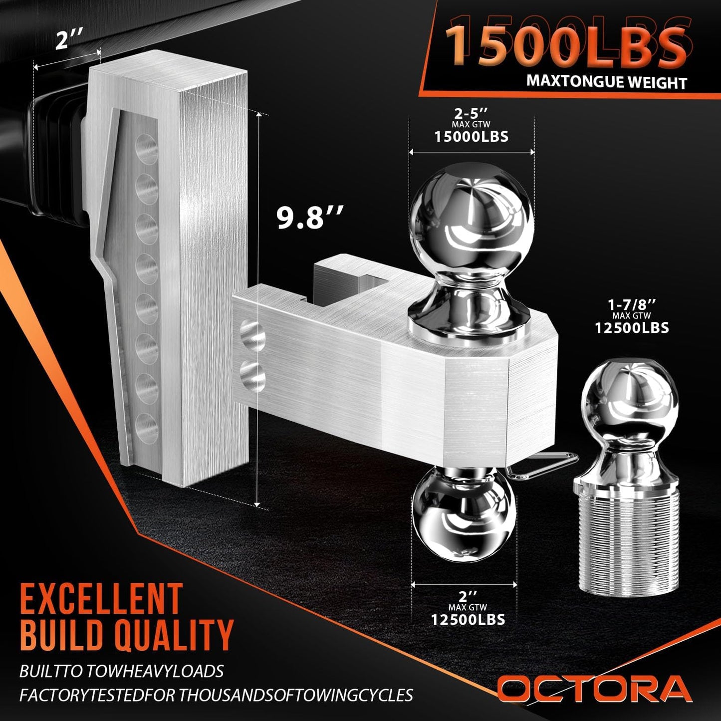 Adjustable Trailer Hitch (Fits 2-Inch Receiver) - Aluminum Tow Hitch with 6-Inch Drop/Rise for Truck (12,500 LBS GTW) - Double Anti-Theft Locking Hitch Pins (Silver, 2.0inch-6Drop-Tri Ball)