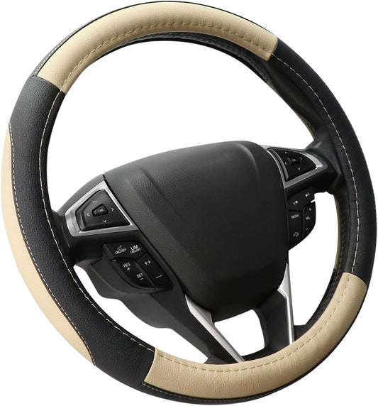 SEG Direct Car Steering Wheel Cover for F-150 Tundra Range Rover 15.5-16 inch, Black and Beige Microfiber Leather
